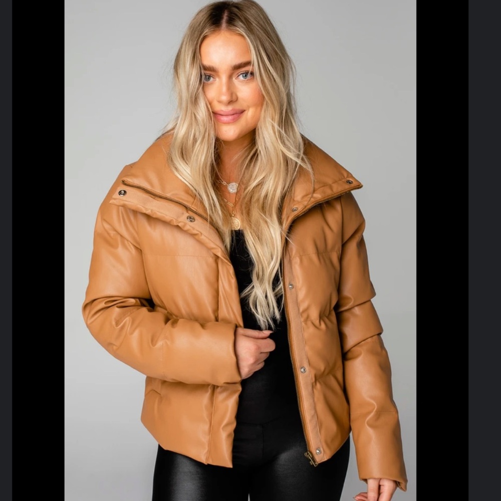 Tan Faux Leather Puffer Jacket